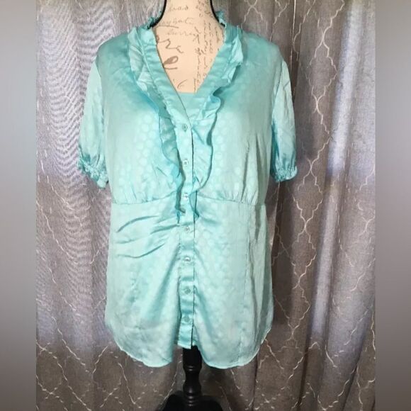 AB Studio Women's Light Blue Polka Dot Short Sleeve Top Blouse - Size 1X - Picture 1 of 9